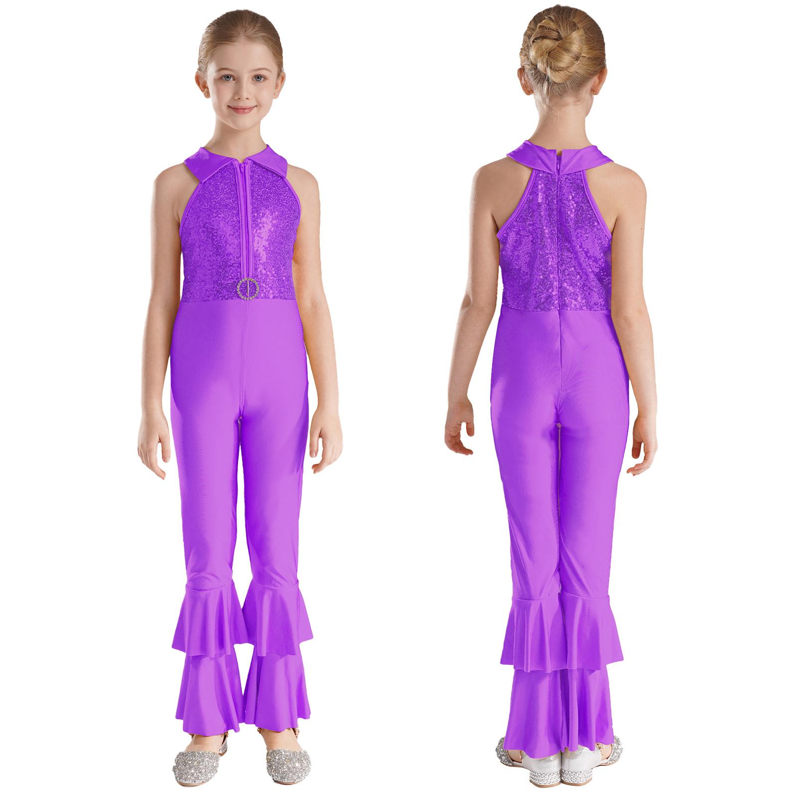 Kinder Mädchen Bronzing Stoff Einteiler Ärmellos Stufen Schlaghose Stil Unitard Bodysuit Kostüme 11-12 Years violett von Joom DACH