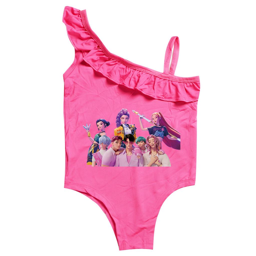Kinder Mädchen Cartoon Anime K-Pop Rumi Zoey Mira Print Rüschen Badeanzug Schwimmen Einteiler Body Bademode 120cm rose rot von Joom DACH