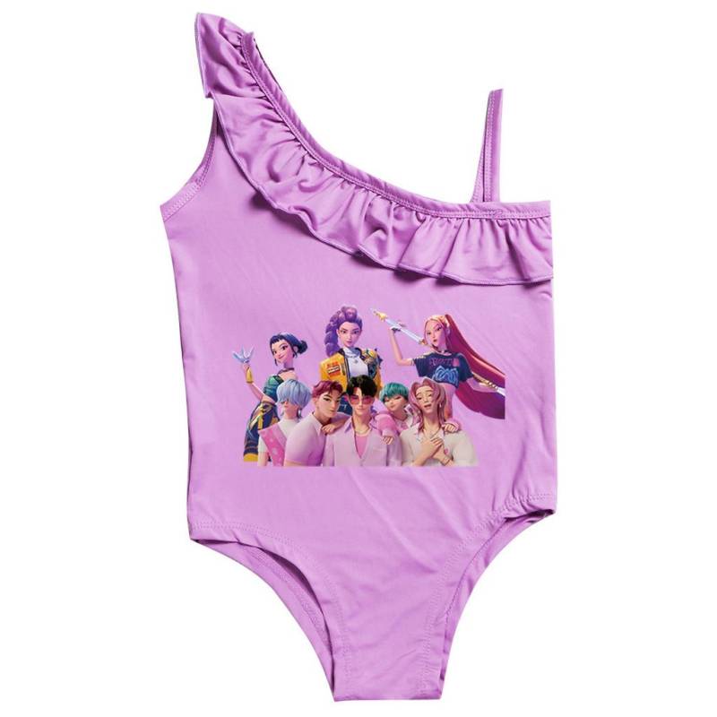 Kinder Mädchen Cartoon Anime K-Pop Rumi Zoey Mira Print Rüschen Badeanzug Schwimmen Einteiler Body Bademode 130cm violett von Joom DACH