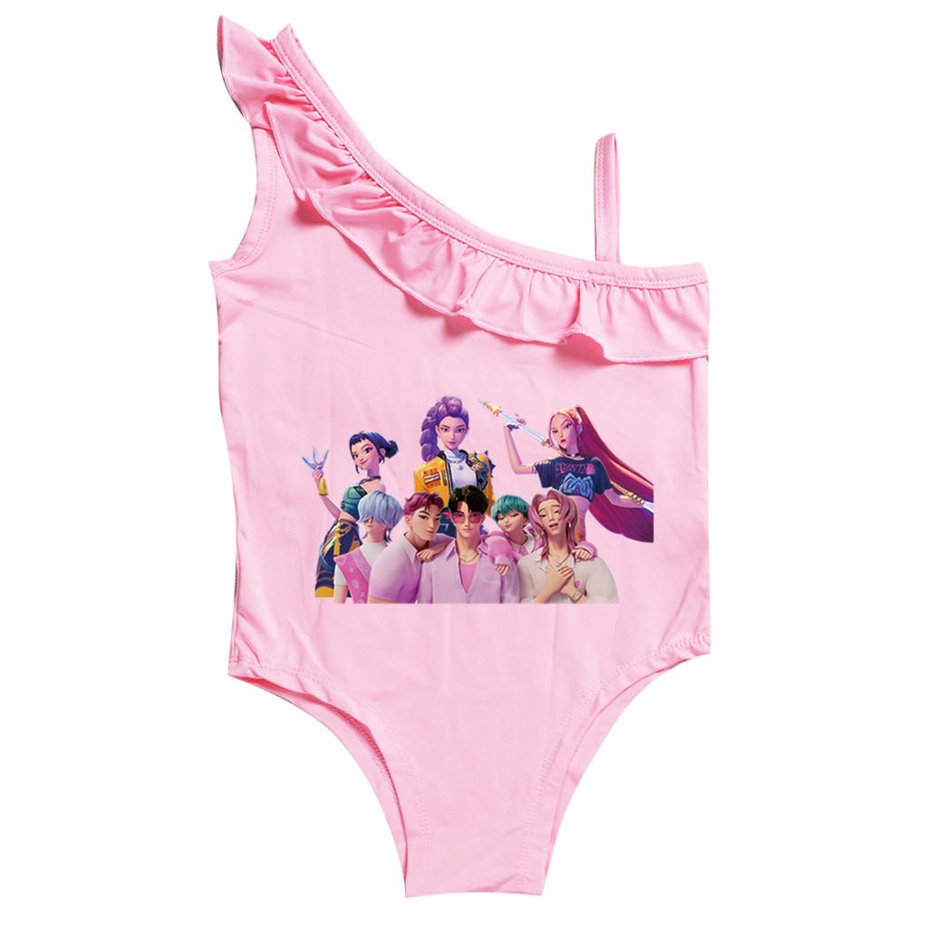Kinder Mädchen Cartoon Anime K-Pop Rumi Zoey Mira Print Rüschen Badeanzug Schwimmen Einteiler Body Bademode 130cm rosa von Joom DACH