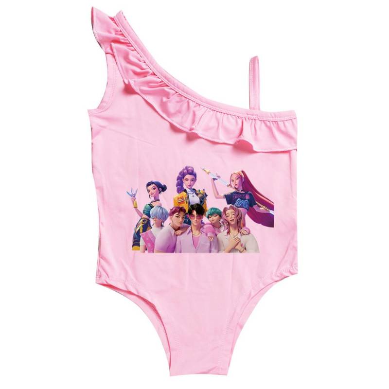 Kinder Mädchen Cartoon Anime K-Pop Rumi Zoey Mira Print Rüschen Badeanzug Schwimmen Einteiler Body Bademode 140cm rosa von Joom DACH