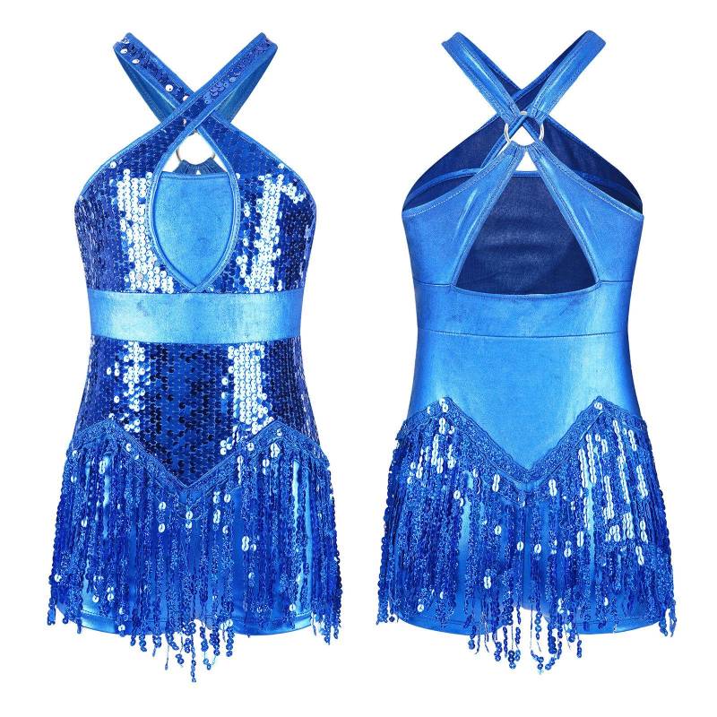 Kinder Mädchen Cha-Cha Latein Tanz Fransen Bodysuit Glitzer Pailletten Quaste Turnanzug Performance Kostüm Tango Tanzen Jazz Tanzbekleidung 9-10 Years blau von Joom DACH