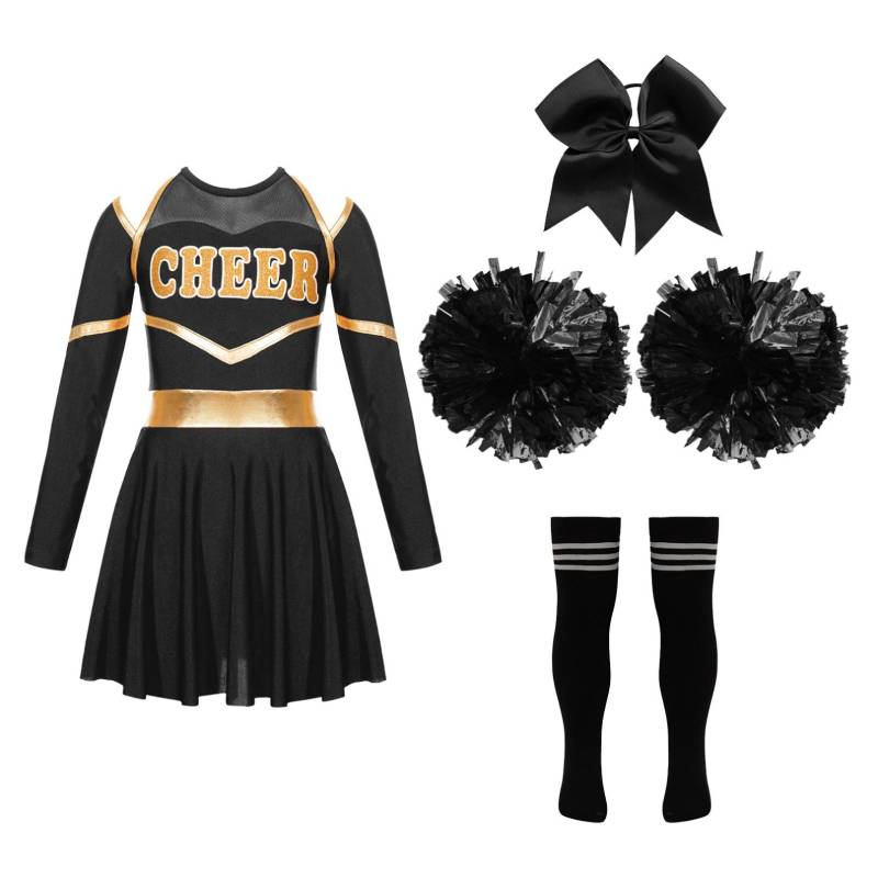 Kinder Mädchen Cheer Leader Kostüm Halloween Cosplay Party Outfits Uniform Langarm Kleid mit Pom Poms Haargummi Socken 11-12 Years schwarz von Joom DACH
