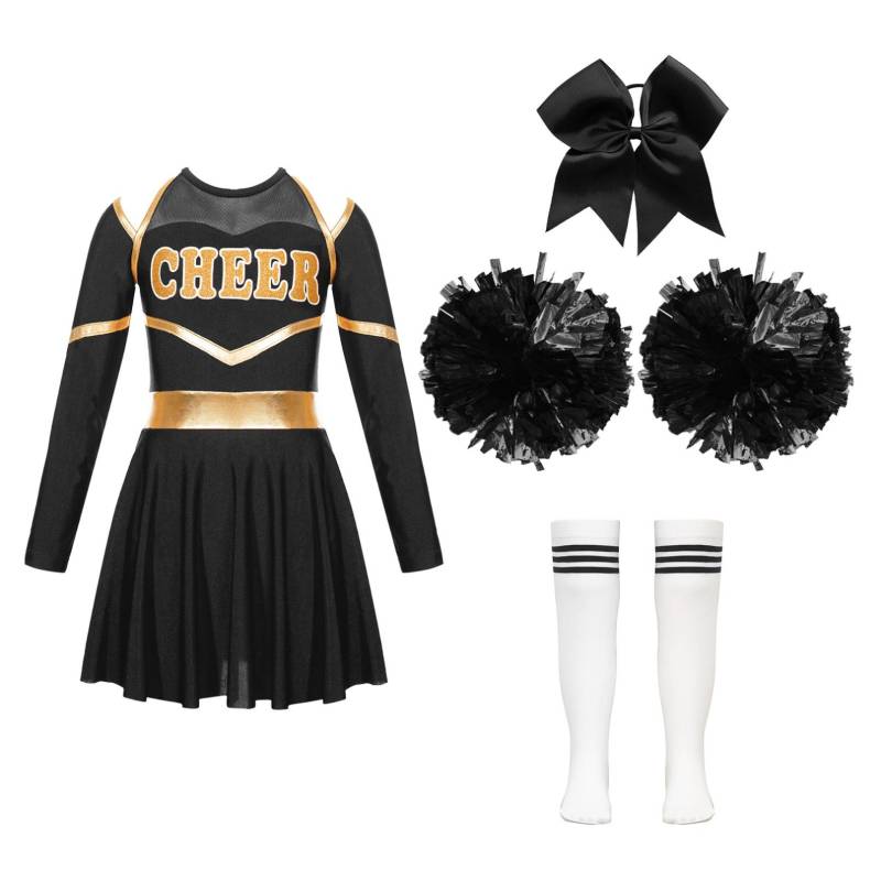 Kinder Mädchen Cheer Leader Kostüm Halloween Cosplay Party Outfits Uniform Langarm Kleid mit Pom Poms Haargummi Socken 11-12 Years von Joom DACH
