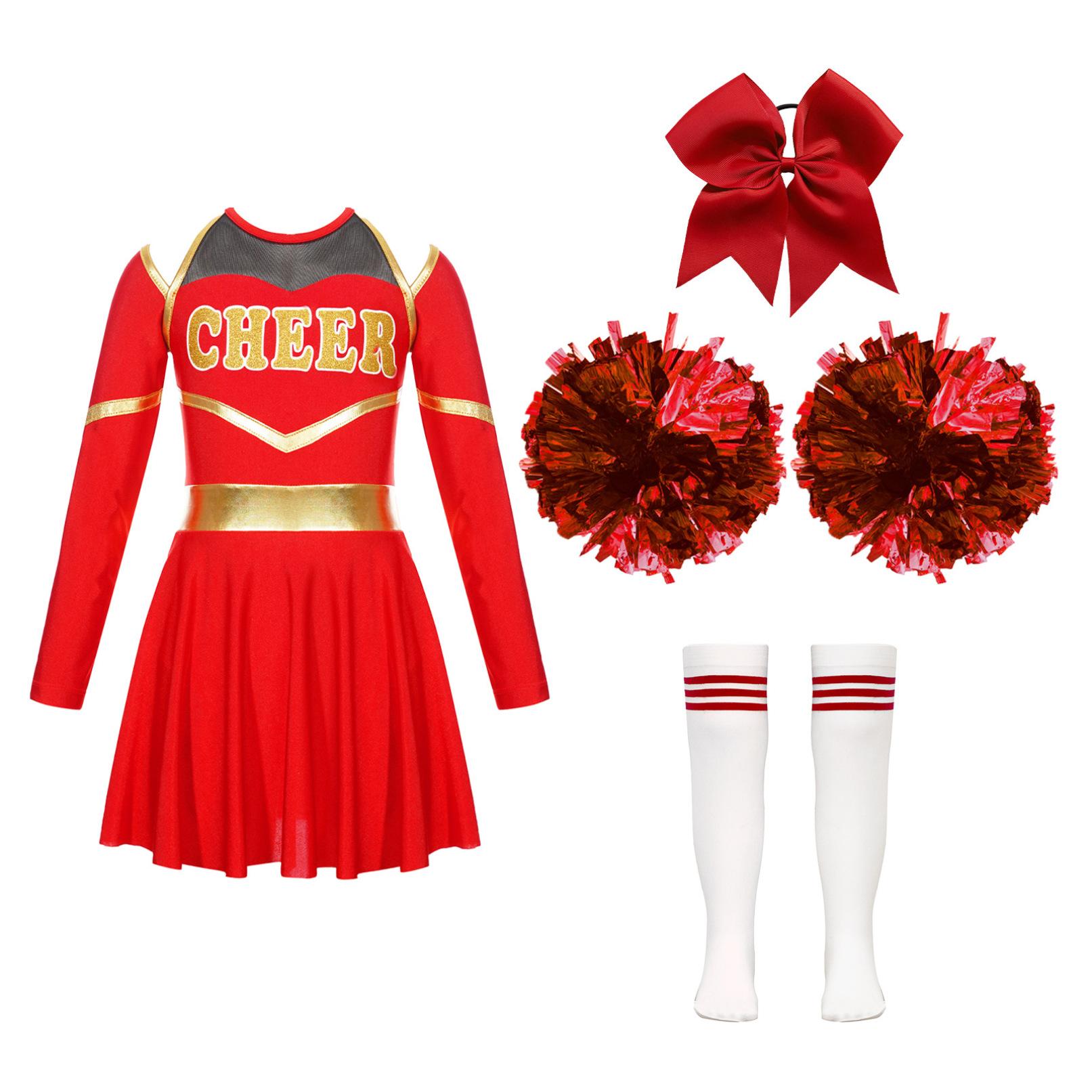 Kinder Mädchen Cheer Leader Kostüm Halloween Cosplay Party Outfits Uniform Langarm Kleid mit Pom Poms Haargummi Socken 13-14 Years rot von Joom DACH