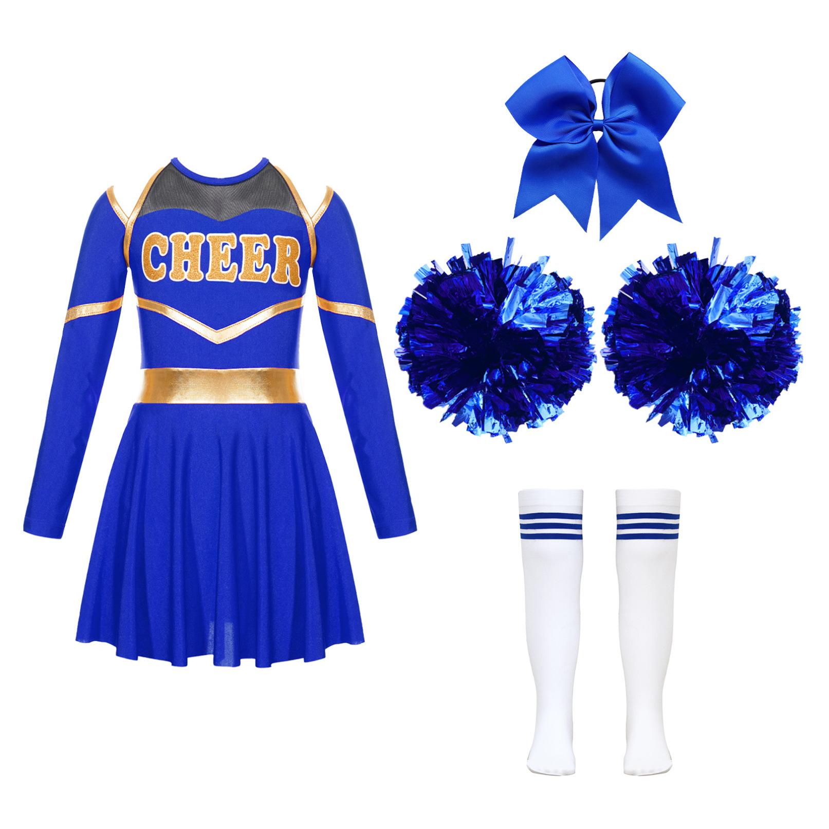 Kinder Mädchen Cheer Leader Kostüm Halloween Cosplay Party Outfits Uniform Langarm Kleid mit Pom Poms Haargummi Socken 5-6 Years blau von Joom DACH
