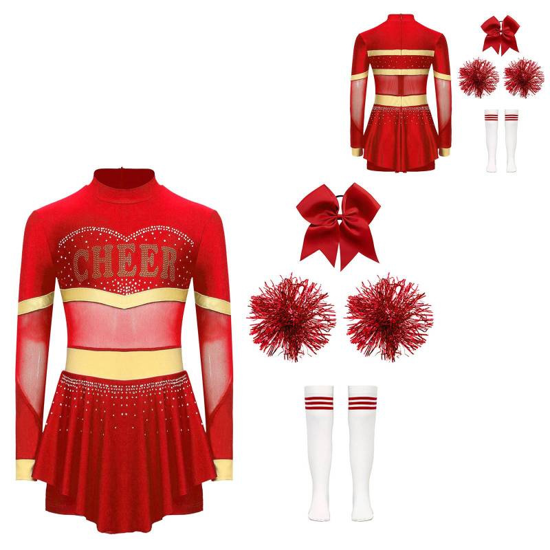 Kinder Mädchen Cheerleader Kostüm Halloween Cheerleading Uniform Kleid mit Pom Poms Strumpf Haargummi 13-14 Years von Joom DACH