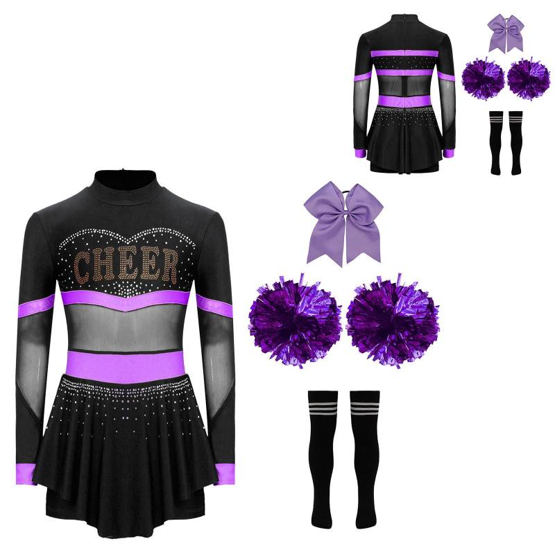 Kinder Mädchen Cheerleader Kostüm Halloween Cheerleading Uniform Kleid mit Pom Poms Strumpf Haargummi 7-8 Years von Joom DACH