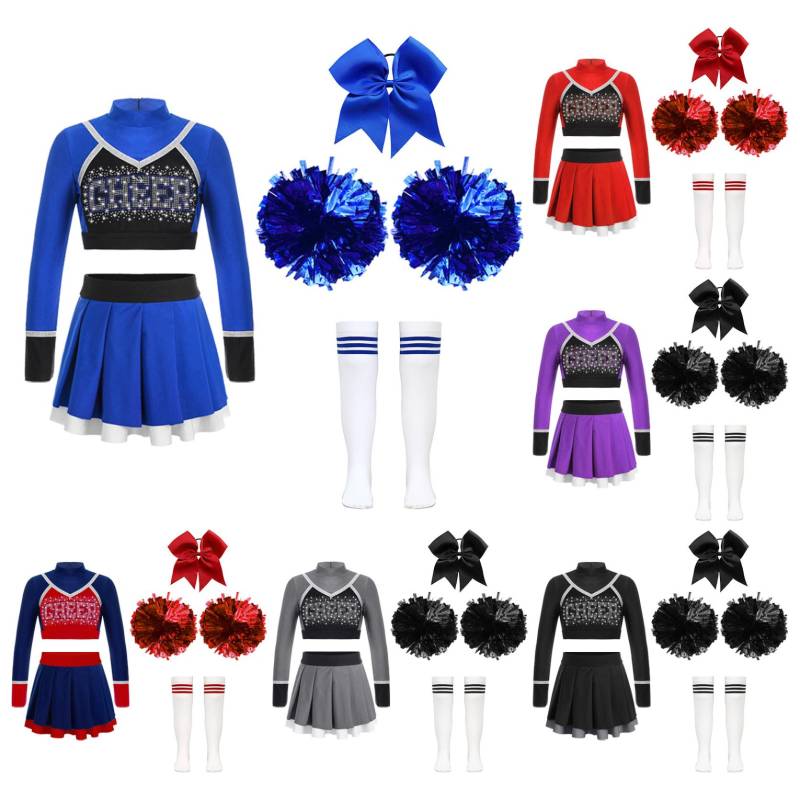 Kinder Mädchen Cheerleader Uniform Kostüm Outfits Langarm Crop Tops mit Rock Pompoms Socken 9-10 Years rot von Joom DACH