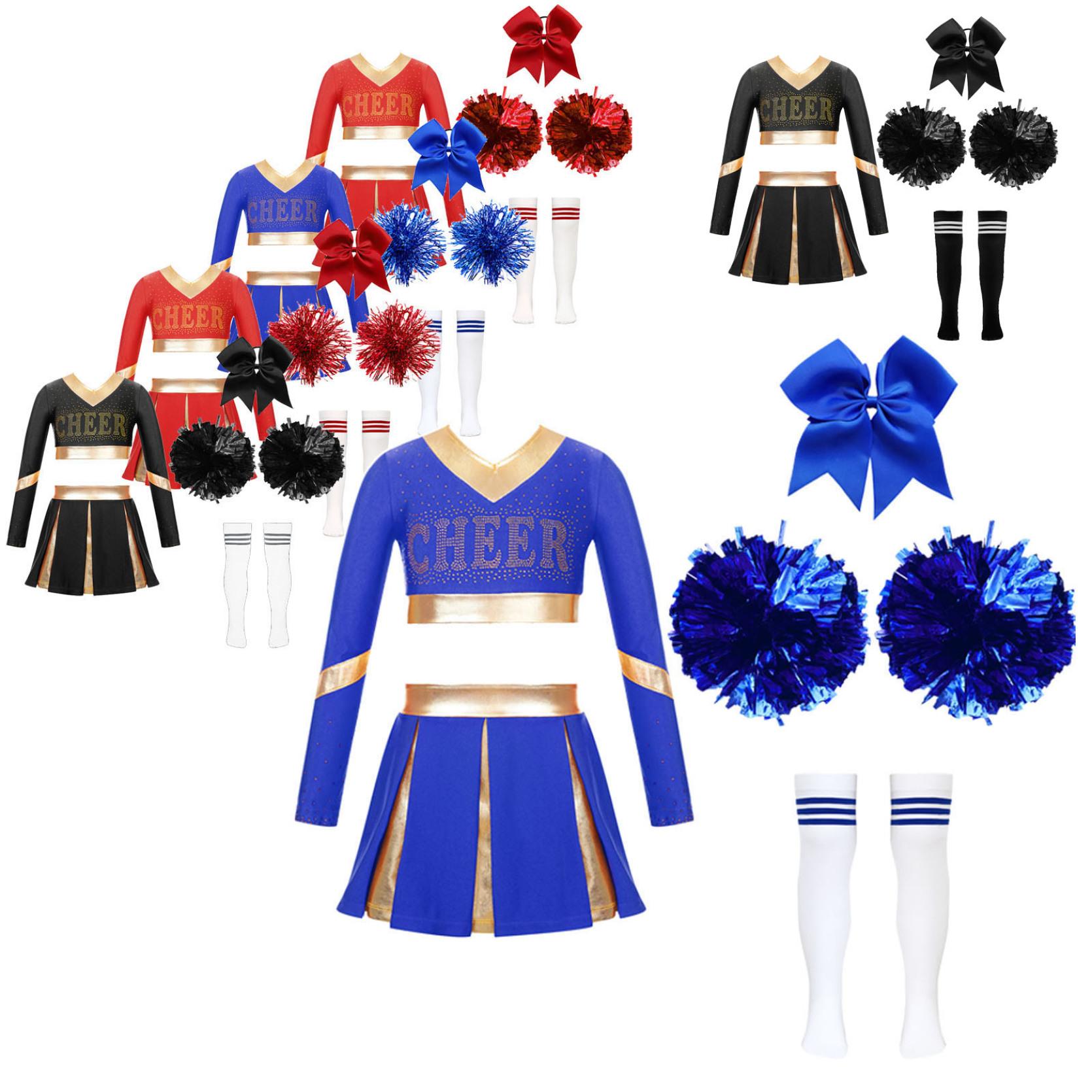 Kinder Mädchen Cheerleading Set Langarm Crop Top mit Faltenrock und Schleife Kopfbedeckung Kniestrümpfe 2 Stück Blumenbälle für Tanzauftritte 5-6 Years von Joom DACH