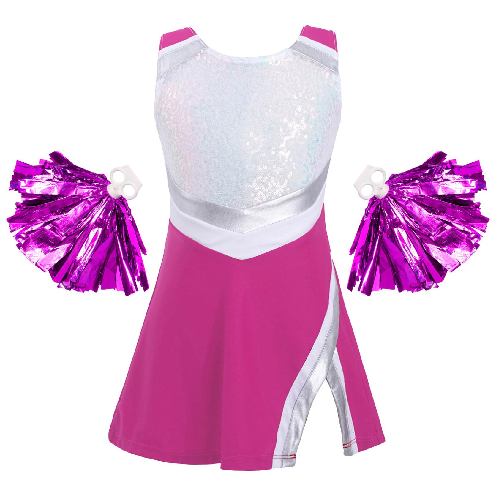 Kinder Mädchen Cheerleading Tanz-Outfit, ärmelloses, mit glänzenden Pailletten verziertes Kleid mit Shorts und Blumenbällen, Set für Halloween, Karneval, Party, Kostüm 7-8 Years hellrosa von Joom DACH