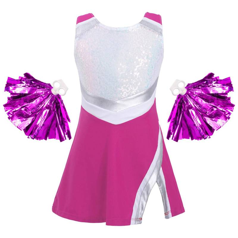 Kinder Mädchen Cheerleading Tanz-Outfit, ärmelloses, mit glänzenden Pailletten verziertes Kleid mit Shorts und Blumenbällen, Set für Halloween, Karneval, Party, Kostüm 7-8 Years hellrosa von Joom DACH