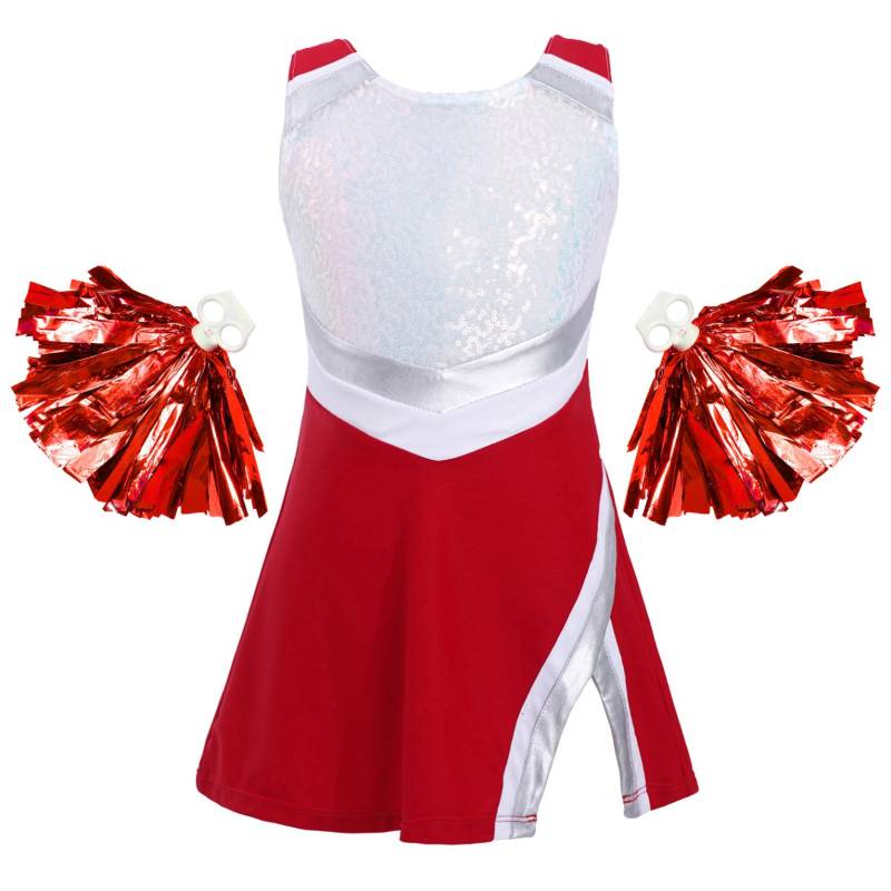 Kinder Mädchen Cheerleading Tanz-Outfit, ärmelloses, mit glänzenden Pailletten verziertes Kleid mit Shorts und Blumenbällen, Set für Halloween, Karneval, Party, Kostüm 7-8 Years rot von Joom DACH