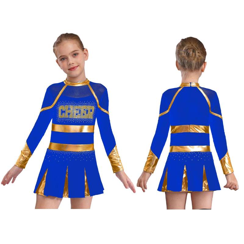 Kinder Mädchen Cheerleading Tanzkleid Buchstabenmuster Glänzend Metallic Langarm Plissee Kleid 13-14 Years blau von Joom DACH