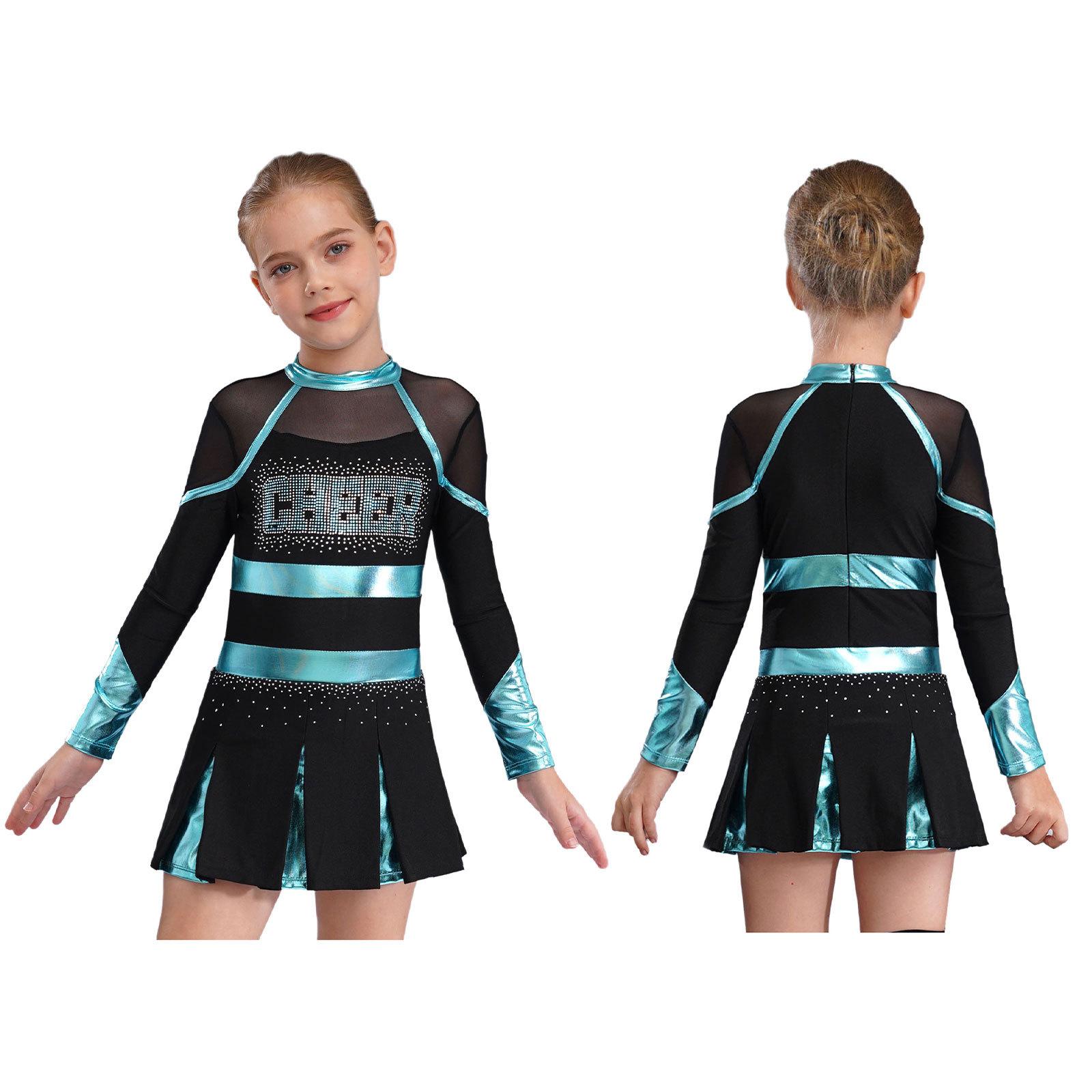 Kinder Mädchen Cheerleading Tanzkleid Buchstabenmuster Glänzend Metallic Langarm Plissee Kleid 9-10 Years blau/schwarz von Joom DACH