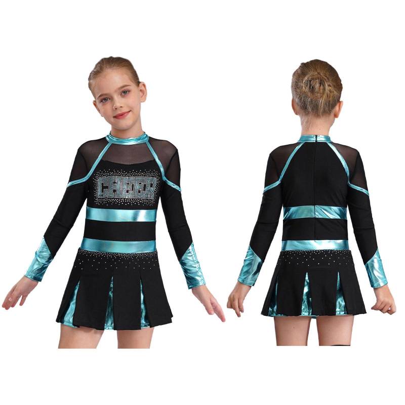 Kinder Mädchen Cheerleading Tanzkleid Buchstabenmuster Glänzend Metallic Langarm Plissee Kleid 9-10 Years blau/schwarz von Joom DACH