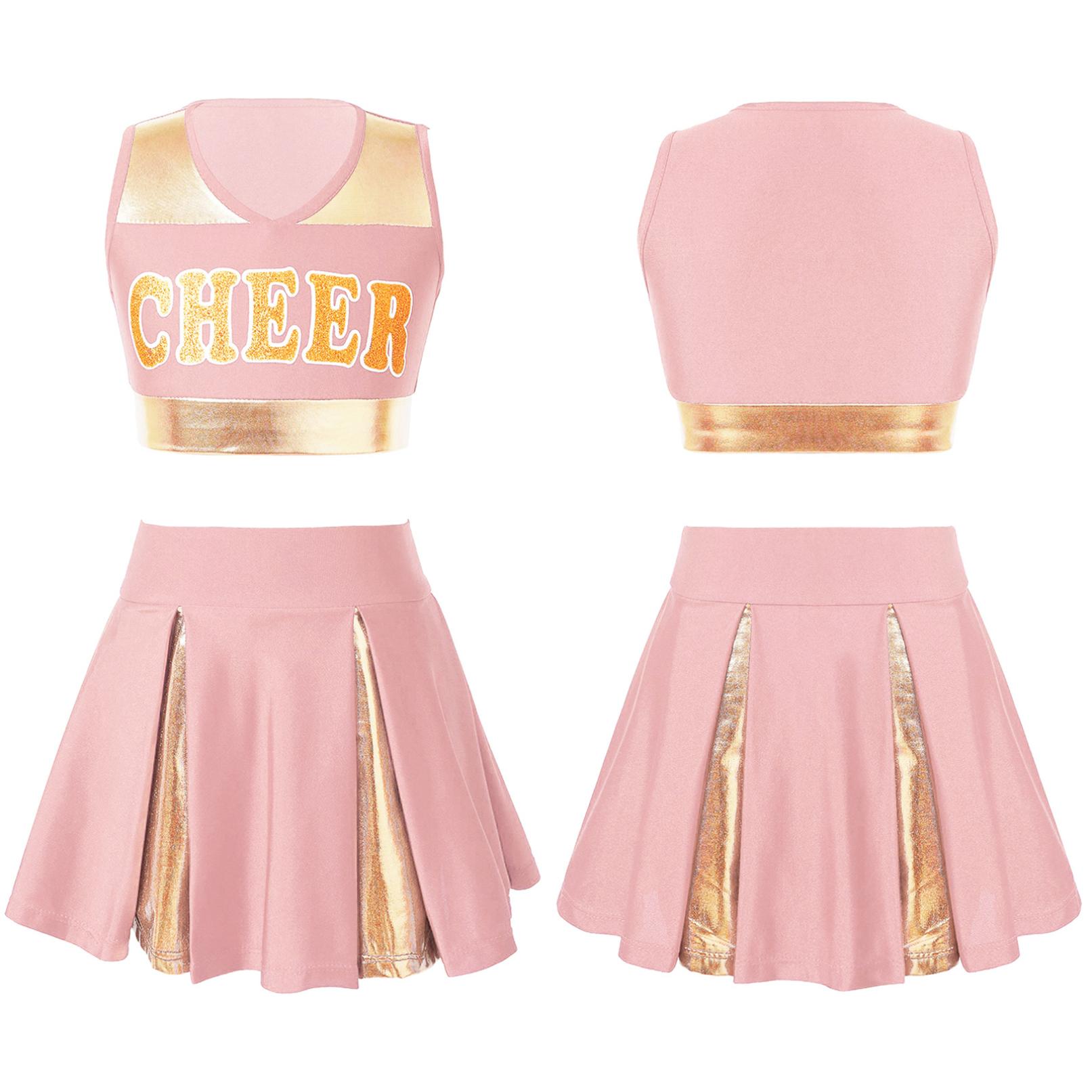 Kinder Mädchen Cheerleading Tanzkleidung Set Ärmelloses Crop Top mit Buchstabenaufdruck und Rock Cheer Uniform 7-8 Years hellrosa von Joom DACH