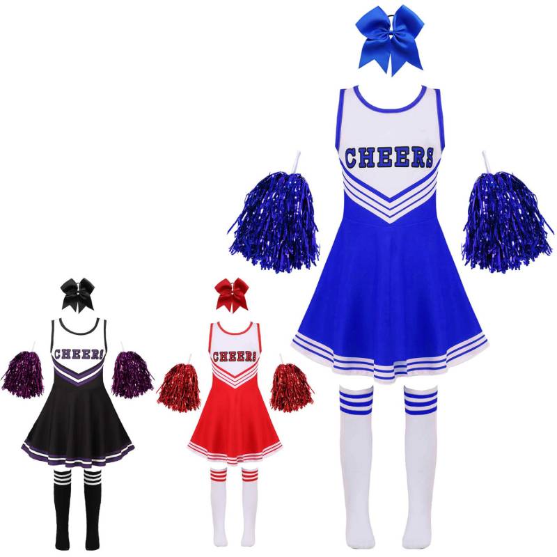Kinder Mädchen Cheerleading Uniform Set Ärmelloses Karneval Party Tanzkleid mit Handblumen Socken Halloween Kostüm 3-4 Years blau von Joom DACH
