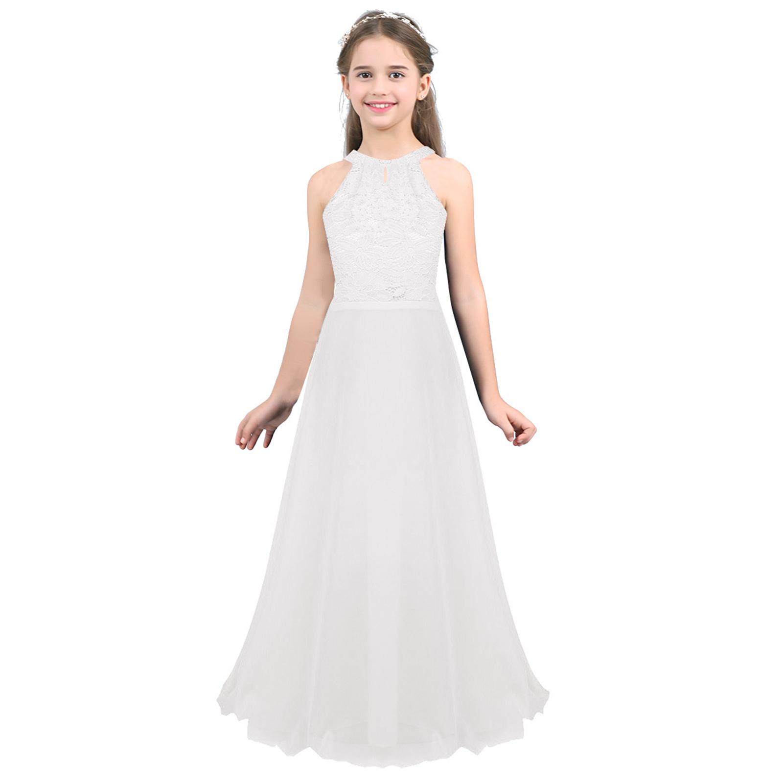 Kinder Mädchen Chiffon ärmelloses Blumenspitze Blumenmädchenkleid Prinzessin Festzug Hochzeit Brautjungfer Geburtstagsparty Kleid 10 Years weiß von Joom DACH