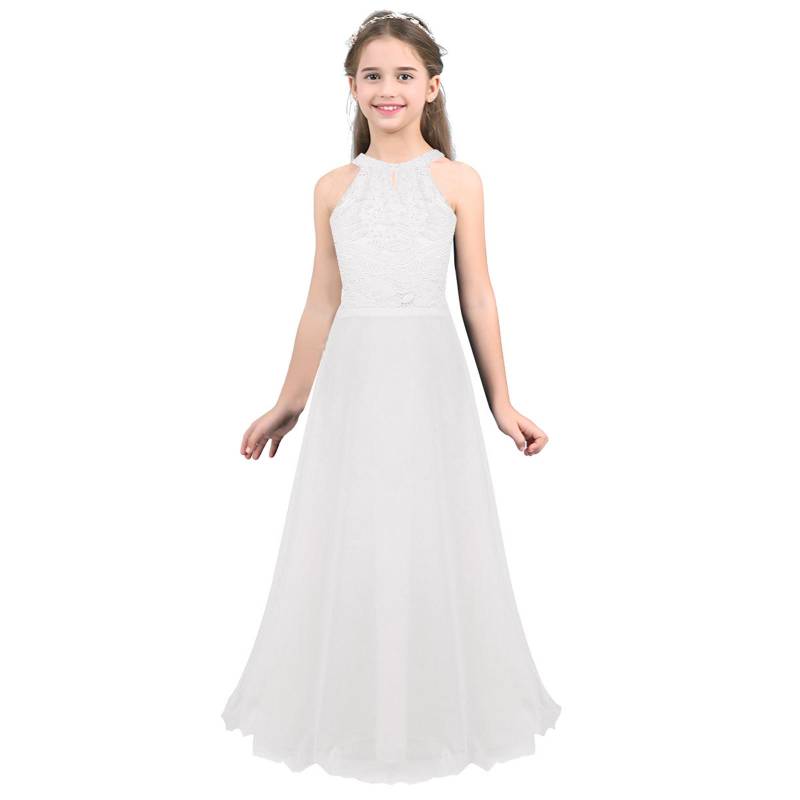 Kinder Mädchen Chiffon ärmelloses Blumenspitze Blumenmädchenkleid Prinzessin Festzug Hochzeit Brautjungfer Geburtstagsparty Kleid 8 Years weiß von Joom DACH