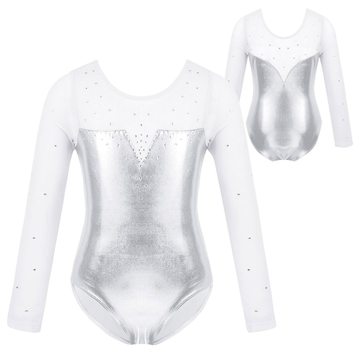 Kinder Mädchen Einteiler Tüll Langarm Glitzer Strass Metallic Ballett Tanz Gymnastik Trikot Overall 3-4 Years von Joom DACH