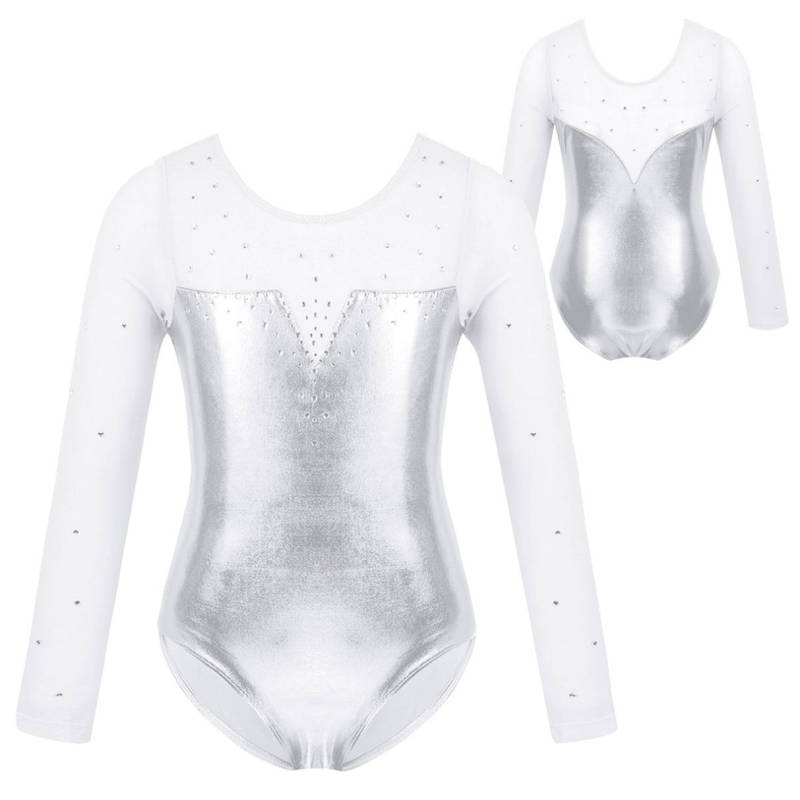 Kinder Mädchen Einteiler Tüll Langarm Glitzer Strass Metallic Ballett Tanz Gymnastik Trikot Overall 3-4 Years silber von Joom DACH