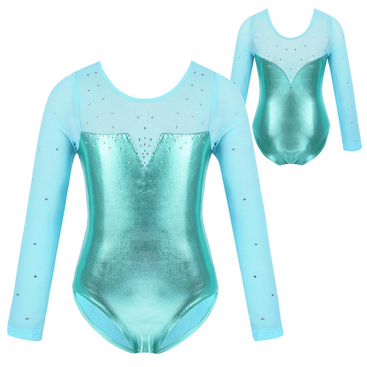 Kinder Mädchen Einteiler Tüll Langarm Glitzer Strass Metallic Ballett Tanz Gymnastik Trikot Overall 7-8 Years grün von Joom DACH