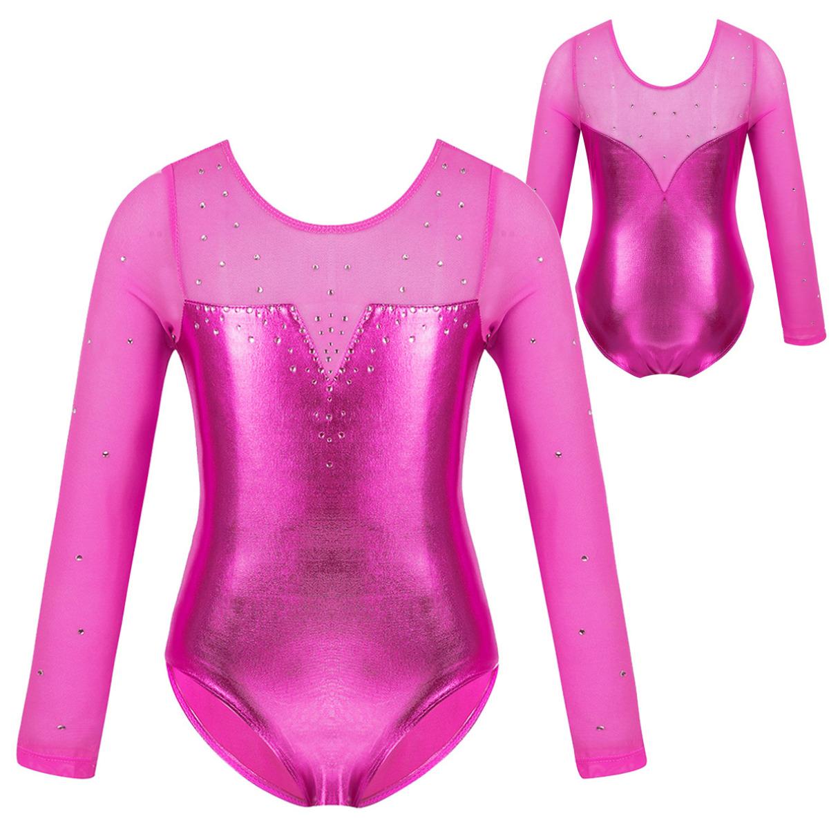 Kinder Mädchen Einteiler Tüll Langarm Glitzer Strass Metallic Ballett Tanz Gymnastik Trikot Overall 7-8 Years hellrosa von Joom DACH