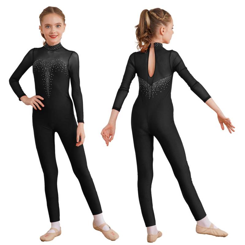 Kinder Mädchen Eiskunstlauf Ganzanzug Glänzender Strass Overall Langarm Body Gymnastik Tanz Performance Kostüm 13-14 Years schwarz von Joom DACH