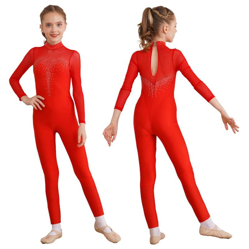 Kinder Mädchen Eiskunstlauf Ganzanzug Glänzender Strass Overall Langarm Body Gymnastik Tanz Performance Kostüm 7-8 Years rot von Joom DACH