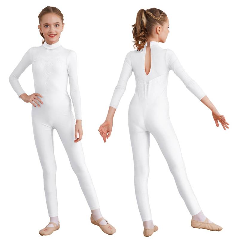 Kinder Mädchen Eiskunstlauf Ganzanzug Glänzender Strass Overall Langarm Body Gymnastik Tanz Performance Kostüm 9-10 Years weiß von Joom DACH