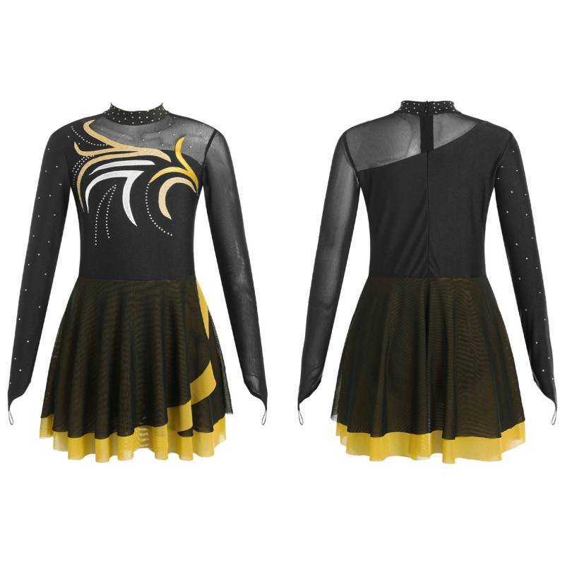 Kinder Mädchen Eiskunstlauf Kleid Mesh Patchwork Lange Ärmel Ballett Tanz Trikots Kleid Gymnastik Outfits 13-14 Years gelb von Joom DACH