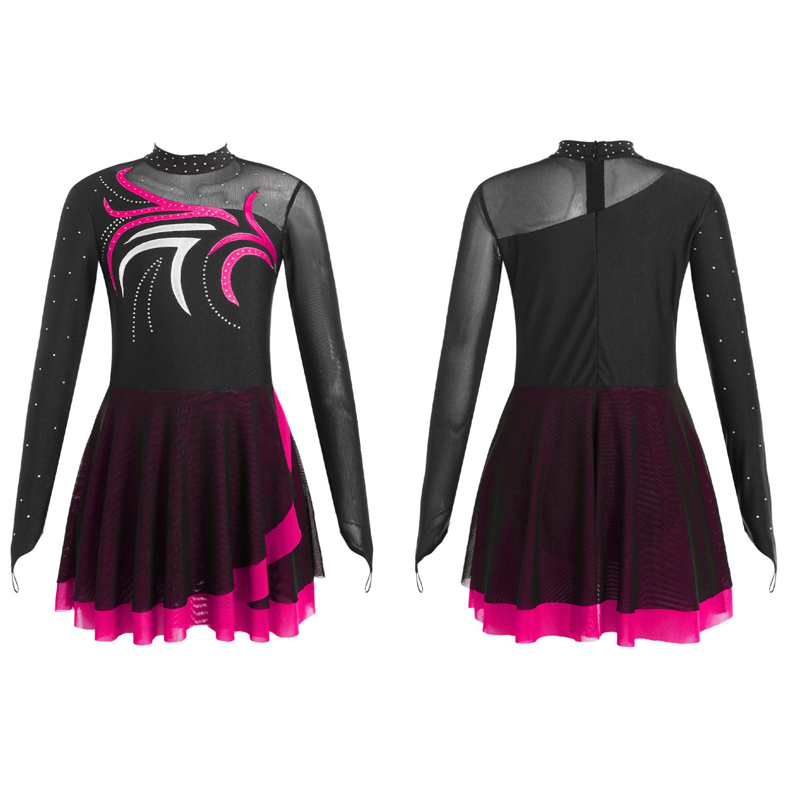 Kinder Mädchen Eiskunstlauf Kleid Mesh Patchwork Lange Ärmel Ballett Tanz Trikots Kleid Gymnastik Outfits 5-6 Years heißes rosa von Joom DACH