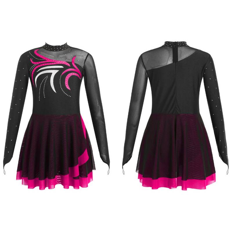 Kinder Mädchen Eiskunstlauf Kleid Mesh Patchwork Lange Ärmel Ballett Tanz Trikots Kleid Gymnastik Outfits 5-6 Years heißes rosa von Joom DACH