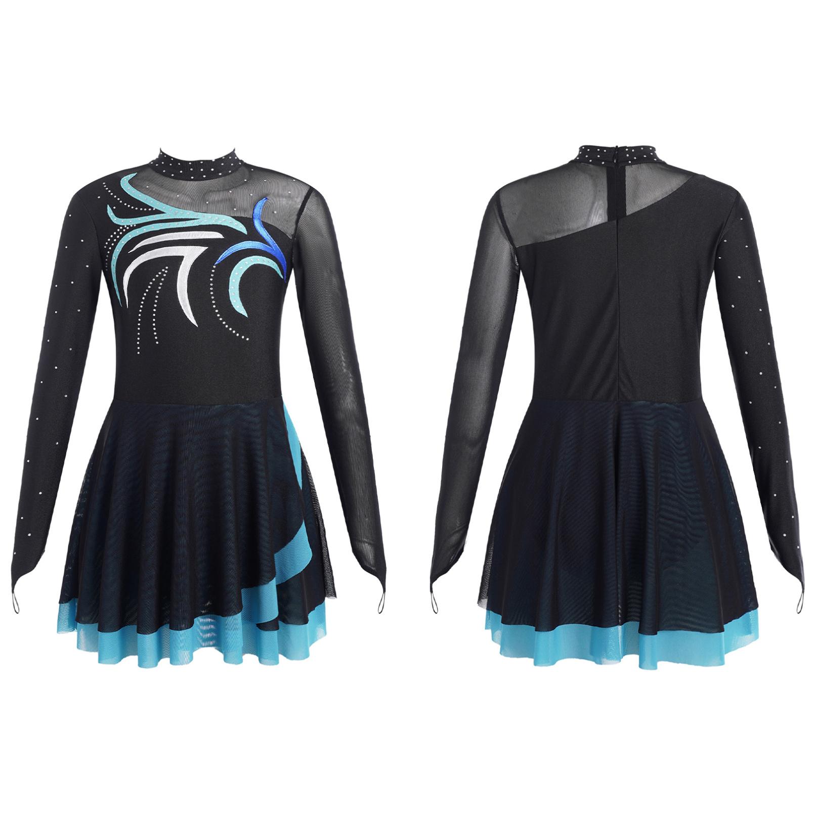 Kinder Mädchen Eiskunstlauf Kleid Mesh Patchwork Lange Ärmel Ballett Tanz Trikots Kleid Gymnastik Outfits 9-10 Years himmelblaue von Joom DACH