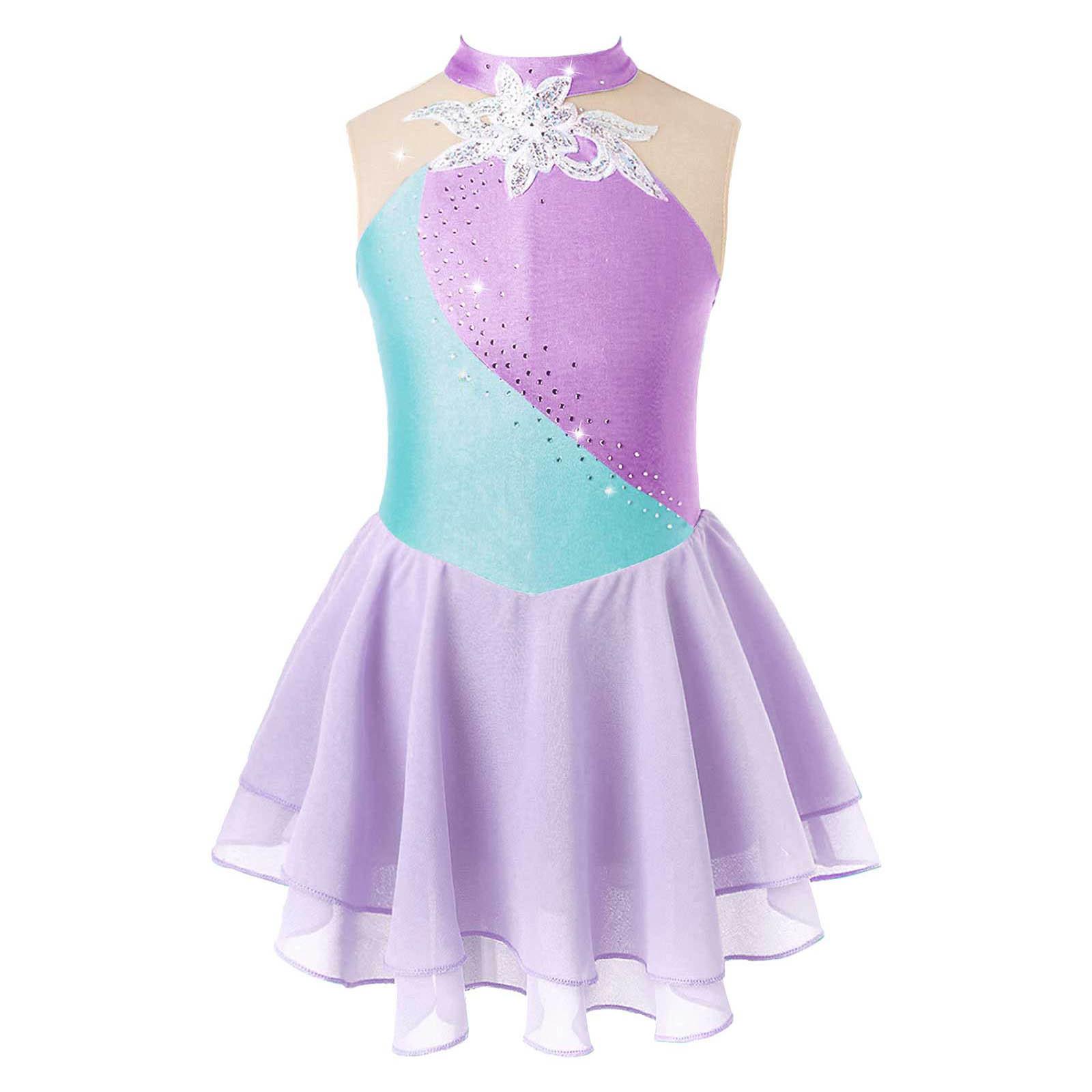 Kinder Mädchen Eiskunstlauf Kleid Strass Mesh Splice Ärmelloses Ballett Tanz Kleid Gymnastik Trikot Leistung Kostüme 11-12 Years von Joom DACH