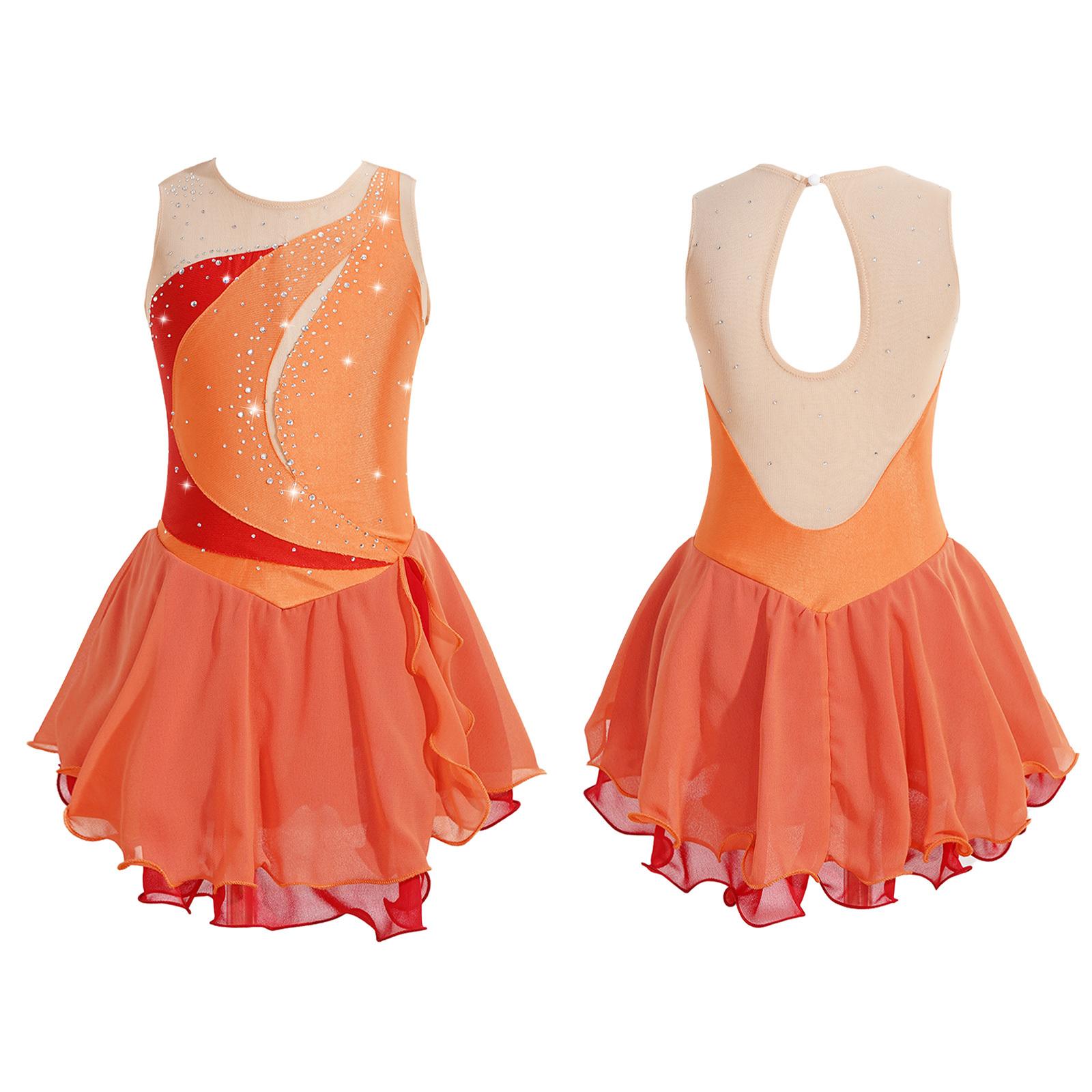 Kinder Mädchen Eiskunstlauf Kleid ärmellos Strass Wettbewerb Kostüme Ballett Tanz Tutu Rock 11-12 Years orange von Joom DACH