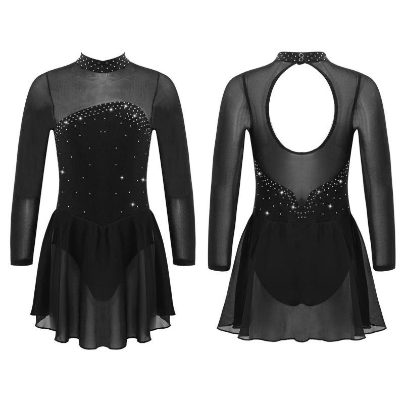 Kinder Mädchen Eiskunstlauf Tanzkleid Langarm Glänzende Strass Mesh Ballett Gymnastik Trikot Kleider Wettbewerb Dancewear 9-10 Years schwarz von Joom DACH