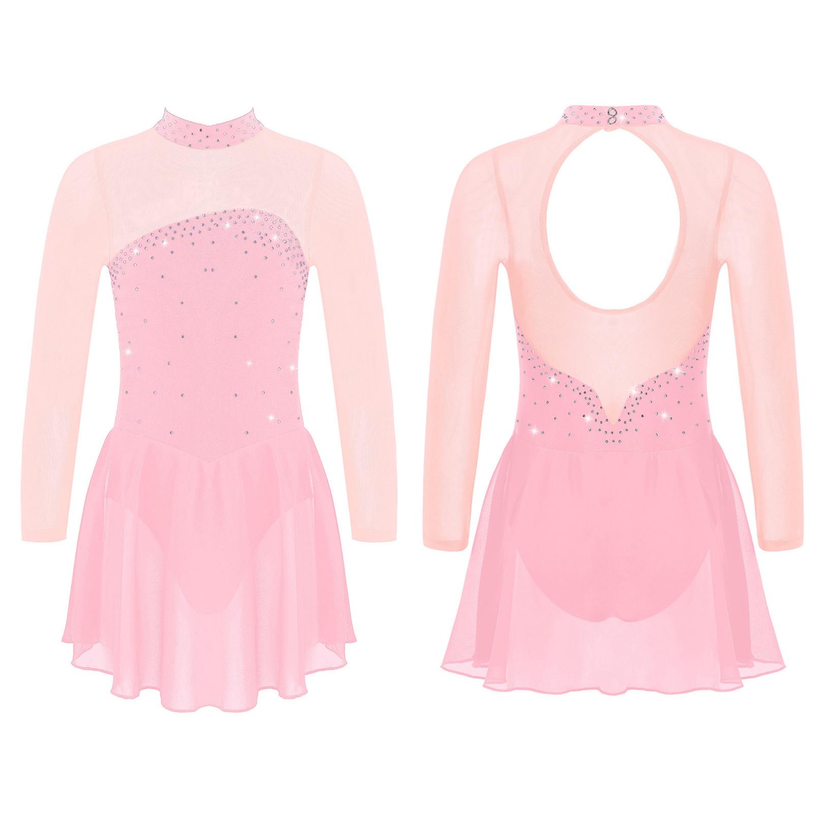 Kinder Mädchen Eiskunstlauf Tanzkleid Langarm Glänzende Strass Mesh Ballett Gymnastik Trikot Kleider Wettbewerb Dancewear 9-10 Years rosa von Joom DACH