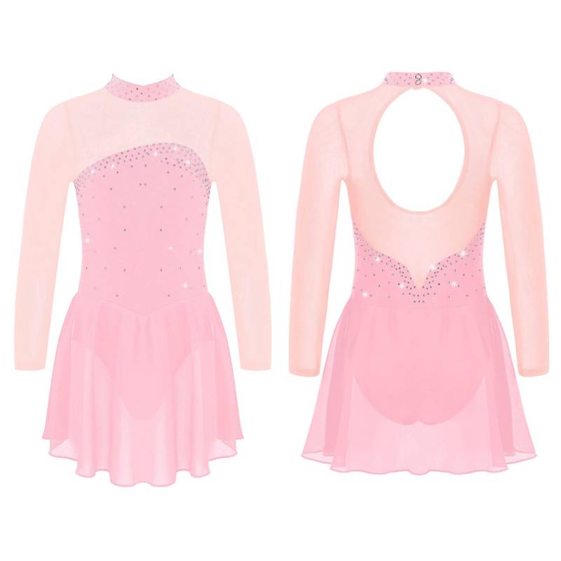 Kinder Mädchen Eiskunstlauf Tanzkleid Langarm Glänzende Strass Mesh Ballett Gymnastik Trikot Kleider Wettbewerb Dancewear 9-10 Years rosa von Joom DACH