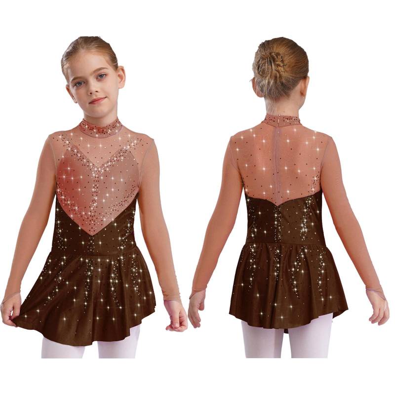 Kinder Mädchen Eiskunstlauf Tanzkleider Stehkragen Langarm Colorblock Sheer Mesh Patchwork Glänzende Strasssteine Kleid 9-10 Years von Joom DACH