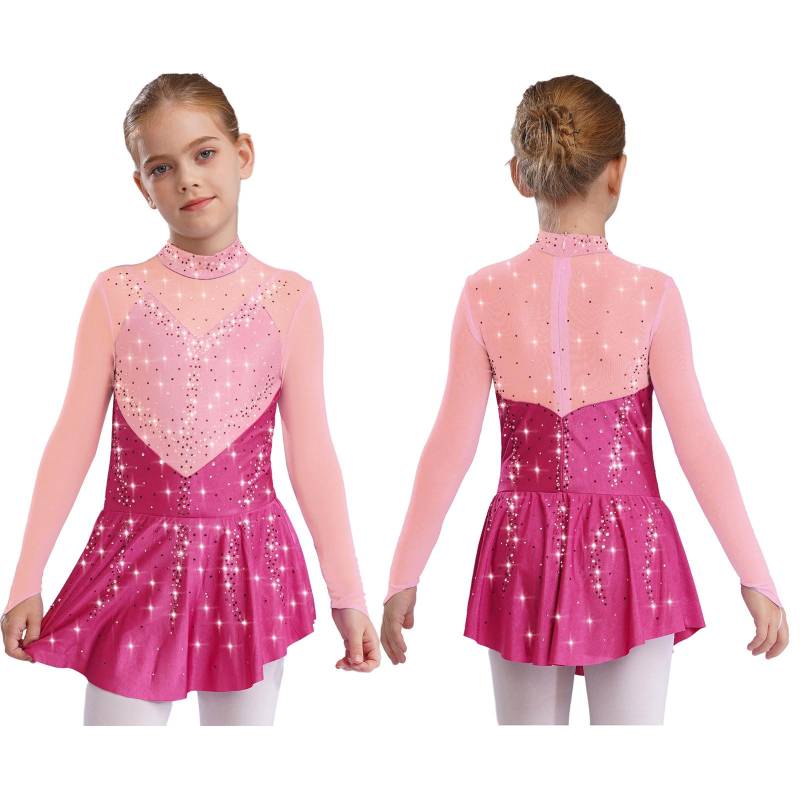 Kinder Mädchen Eiskunstlauf Tanzkleider Stehkragen Langarm Colorblock Sheer Mesh Patchwork Glänzende Strasssteine Kleid 9-10 Years heißes rosa von Joom DACH