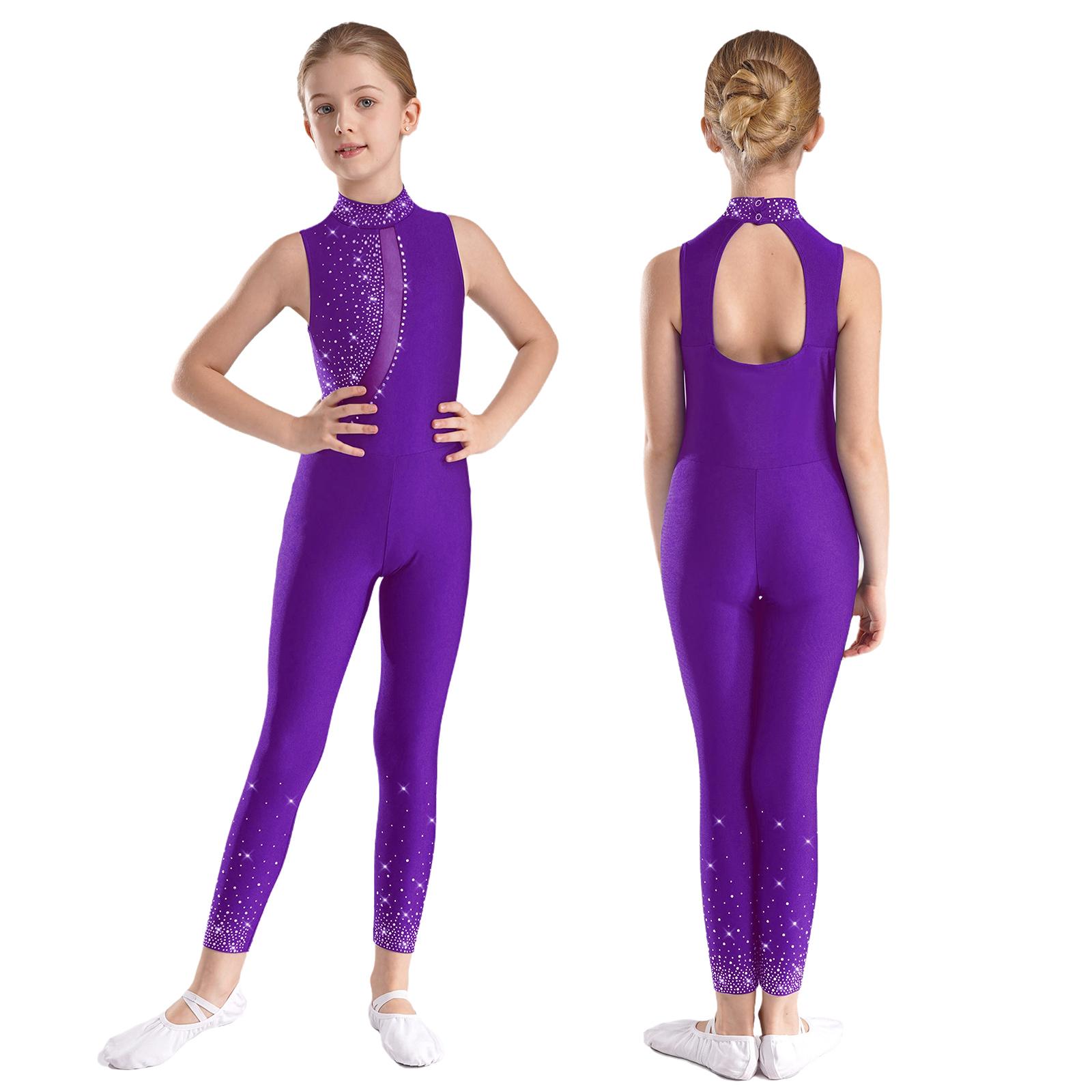 Kinder Mädchen Eiskunstlauf Trikot Glänzender Strass-Overall Durchsichtiges Netz Ärmelloser Body Gymnastik Ballett Tanzkostüm 11-12 Years violett von Joom DACH