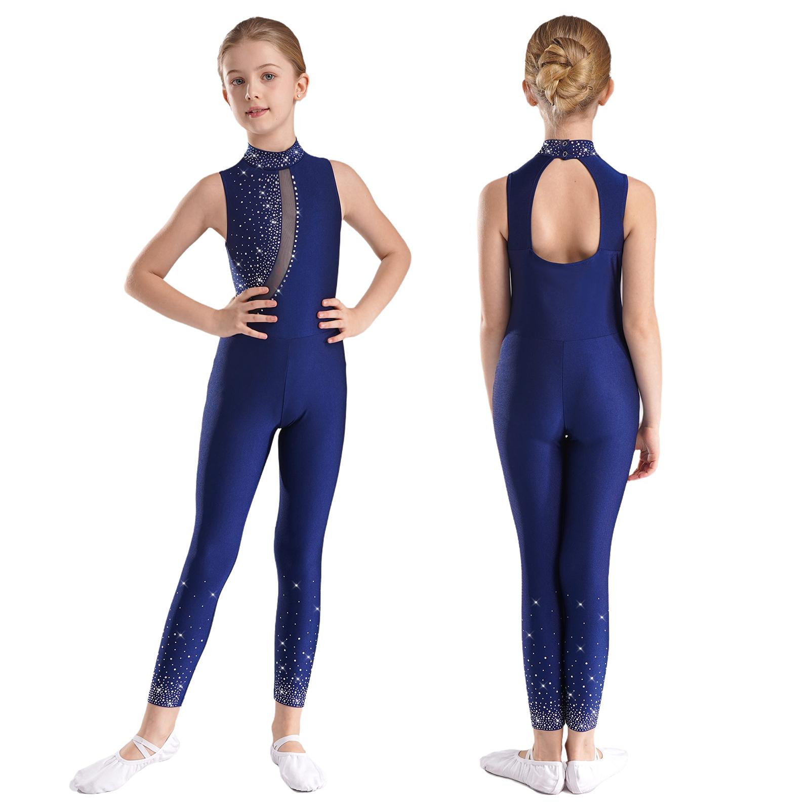 Kinder Mädchen Eiskunstlauf Trikot Glänzender Strass-Overall Durchsichtiges Netz Ärmelloser Body Gymnastik Ballett Tanzkostüm 5-6 Years navy blau von Joom DACH