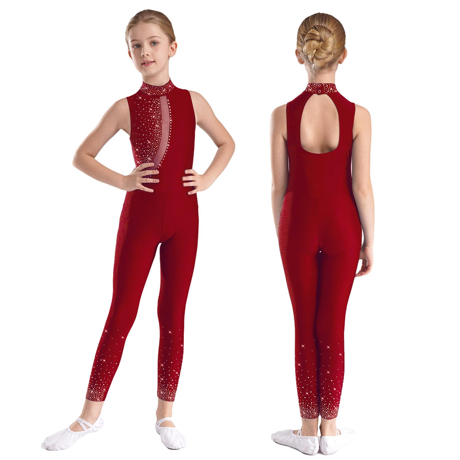 Kinder Mädchen Eiskunstlauf Trikot Glänzender Strass-Overall Durchsichtiges Netz Ärmelloser Body Gymnastik Ballett Tanzkostüm 7-8 Years bordeaux von Joom DACH