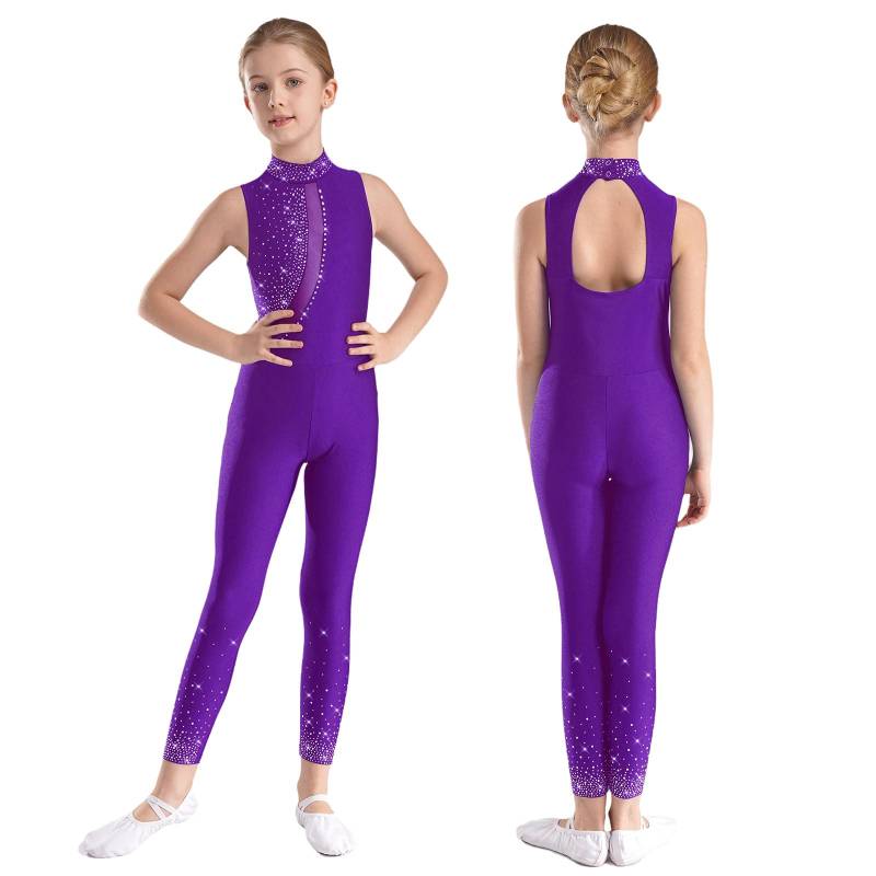Kinder Mädchen Eiskunstlauf Trikot Glänzender Strass-Overall Durchsichtiges Netz Ärmelloser Body Gymnastik Ballett Tanzkostüm 7-8 Years violett von Joom DACH