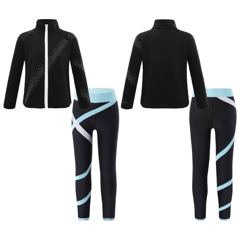 Kinder Mädchen Eiskunstlaufanzug Glitzer Strass Langarm Jacke + Hose Sport Leggings Eislaufen Trainingsanzug 7-8 Years hellblaue von Joom DACH