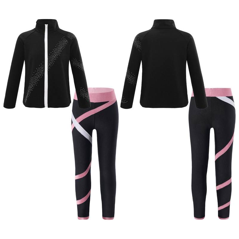 Kinder Mädchen Eiskunstlaufanzug Glitzer Strass Langarm Jacke + Hose Sport Leggings Eislaufen Trainingsanzug 7-8 Years rosa von Joom DACH