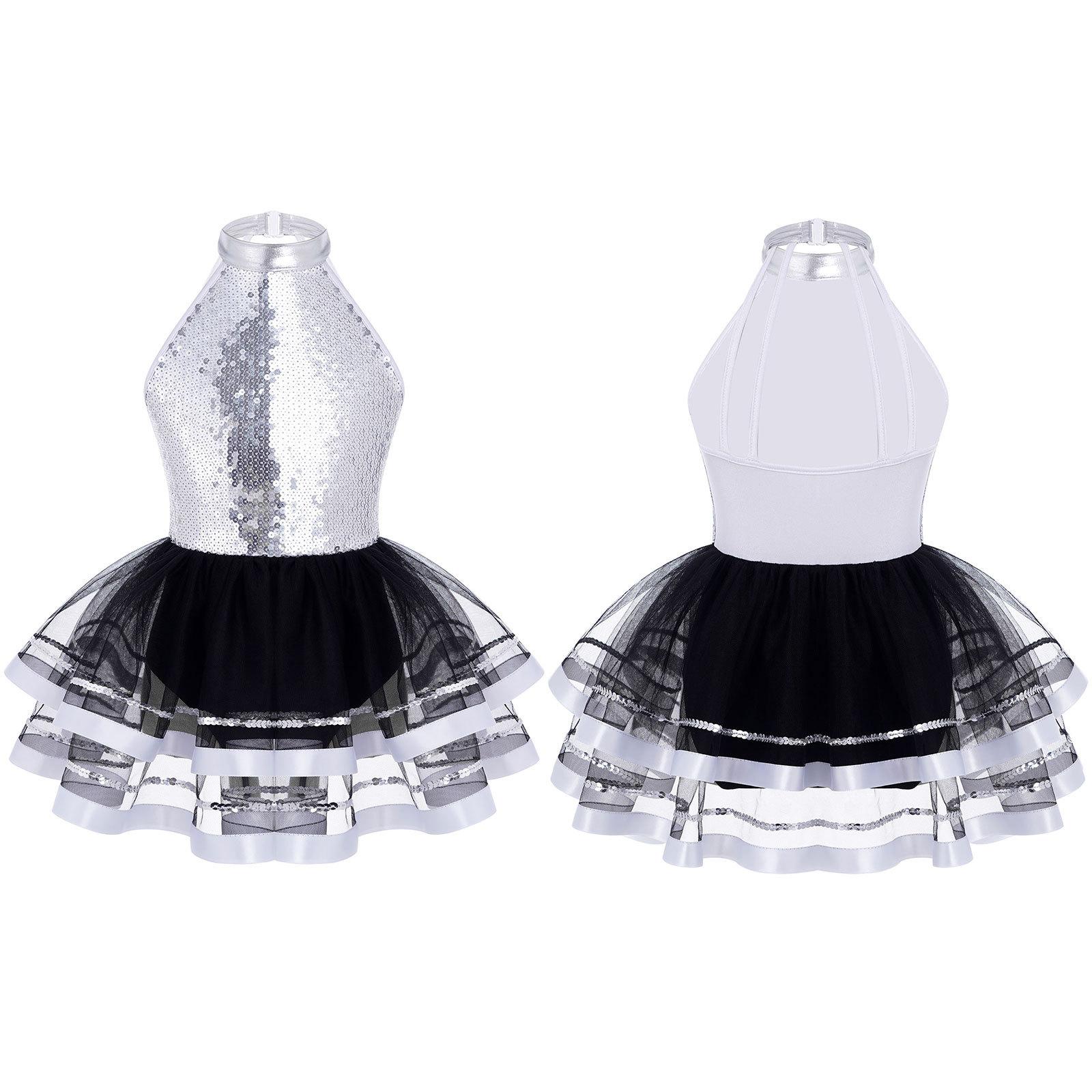 Kinder Mädchen Funkelnde Pailletten Rundhals Ballett Tanz Tutu Kleid Gymnastik Modern Dance Performance Kostüm 9-10 Years silber von Joom DACH
