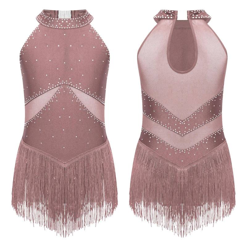 Kinder Mädchen Glänzend Transparent Mesh Quaste Saum Latein Tanzkleid Samba Jazz Dance Trikot Kleid 11-12 Years von Joom DACH